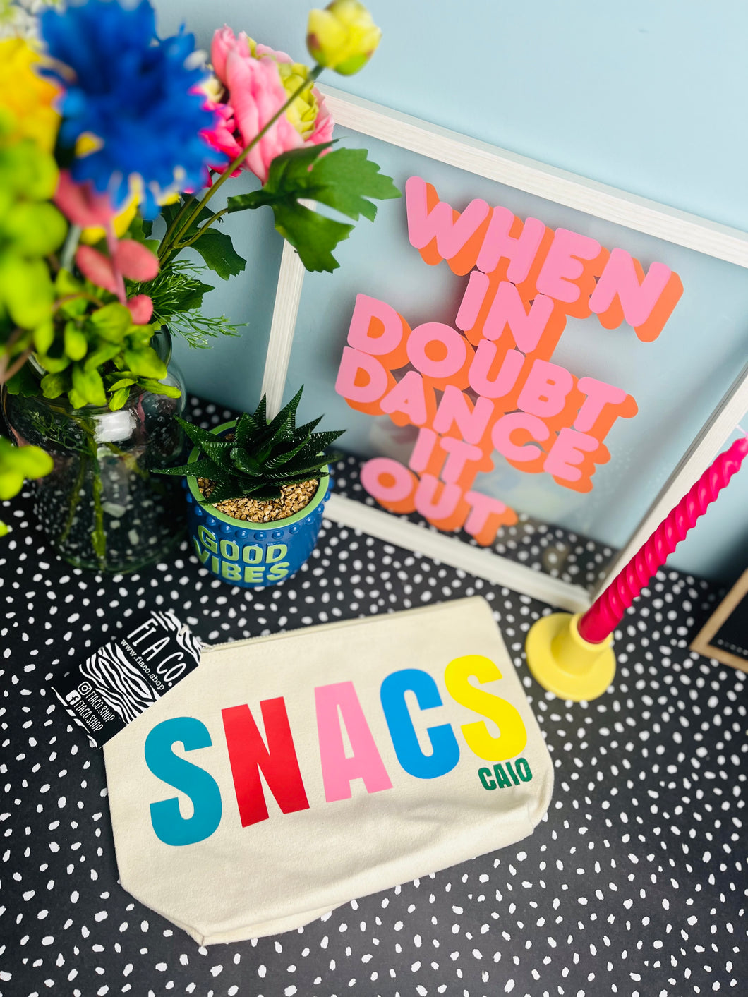 Multi colour “SNACS” or “SNACKS” bag